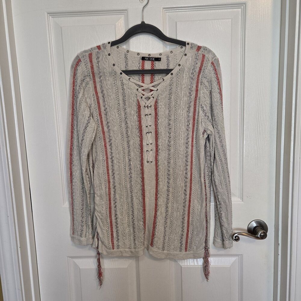 Nic + Zoe Beachy Red White Blue Striped Lace Up Nautical Sweater Women's Medium